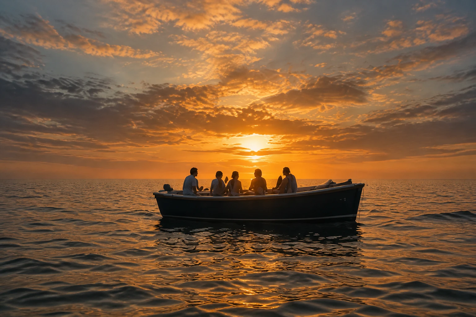 Silhouet van een volle sloep in het oranje avondlicht, zon laag boven het water