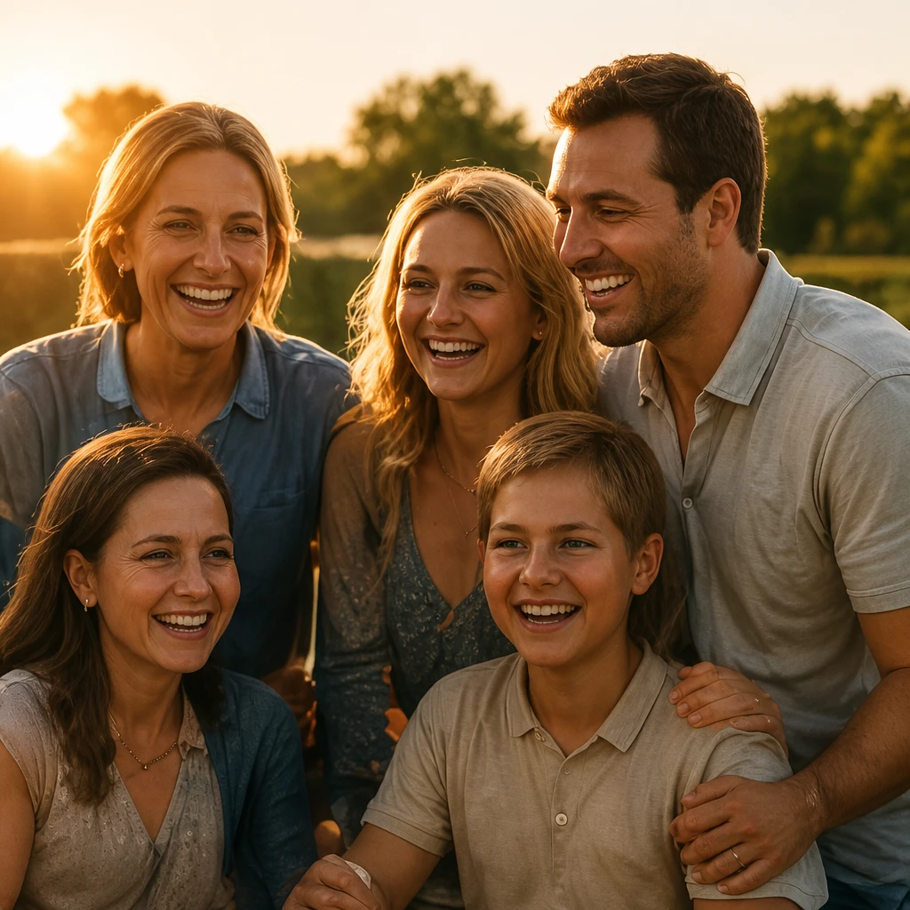 Familie van drie generaties lacht samen in het avondlicht